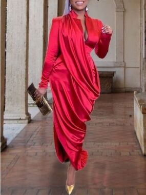 STYLEWE Red Draped Satin Long Sleeve Evening Gown